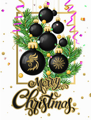Merry Christmas 2017 decoration poster card and Happy New year background with toys collected in the form of a Christmas tree, 2017 Year symbol, the fire cock.