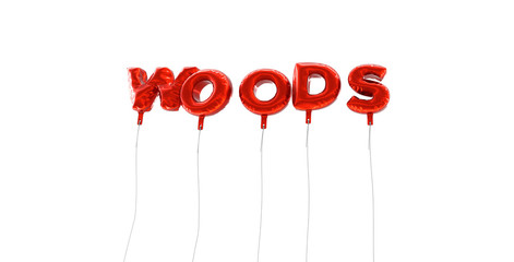 WOODS - word made from red foil balloons - 3D rendered.  Can be used for an online banner ad or a print postcard.