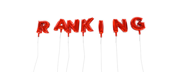 RANKING - word made from red foil balloons - 3D rendered.  Can be used for an online banner ad or a print postcard.