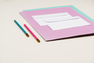 Stationery on white table. Office stuff.