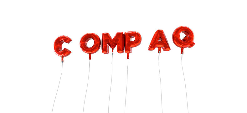 COMPAQ - word made from red foil balloons - 3D rendered.  Can be used for an online banner ad or a print postcard.