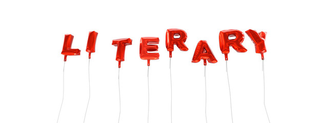 LITERARY - word made from red foil balloons - 3D rendered.  Can be used for an online banner ad or a print postcard.