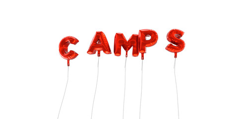 CAMPS - word made from red foil balloons - 3D rendered.  Can be used for an online banner ad or a print postcard.