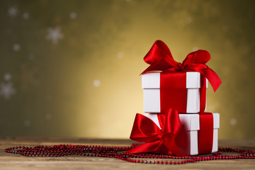 Gift box with red ribbon, Holiday Christmas background