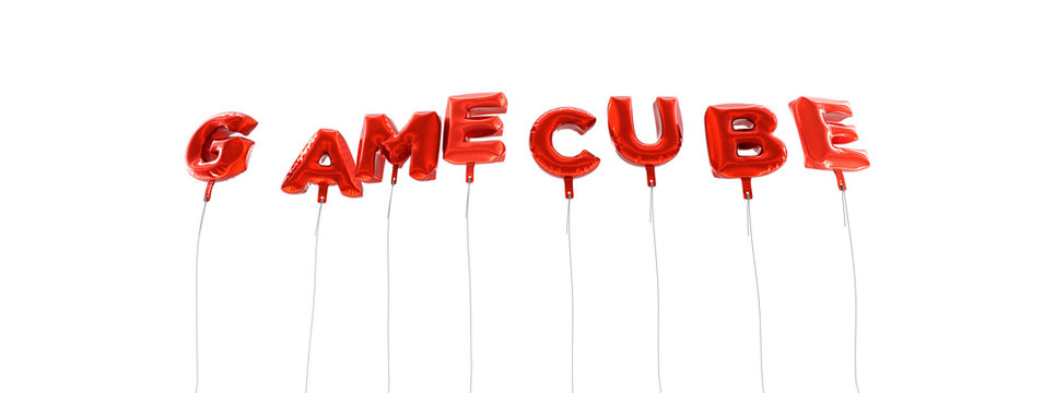 GAMECUBE - word made from red foil balloons - 3D rendered.  Can be used for an online banner ad or a print postcard.