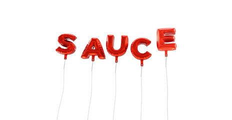 SAUCE - word made from red foil balloons - 3D rendered.  Can be used for an online banner ad or a print postcard.