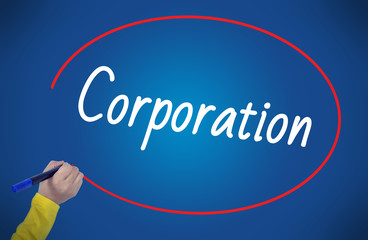 Woman hand writing corporation with marker