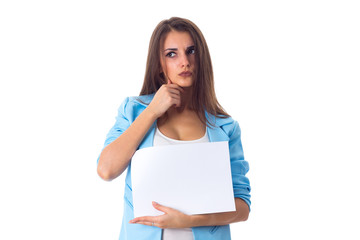 Woman holding white sheet of paper