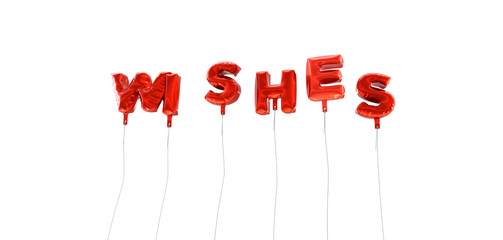 WISHES - word made from red foil balloons - 3D rendered.  Can be used for an online banner ad or a print postcard.