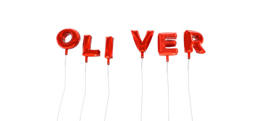 OLIVER - word made from red foil balloons - 3D rendered.  Can be used for an online banner ad or a print postcard.