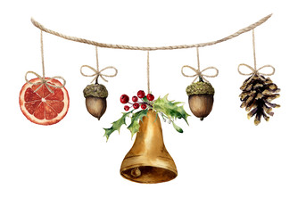 Watercolor christmas garland with bell, acorn, pine cone and orange. Party illustration for design, background or print