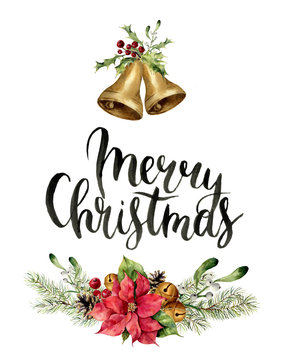 Watercolor christmas floral print witn Merry Christmas lettering. New year tree branch with poinsettia, mistletoe, holly and cones for design, print or background