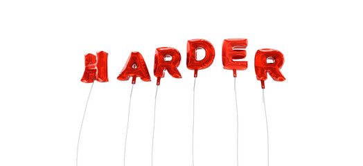 HARDER - word made from red foil balloons - 3D rendered.  Can be used for an online banner ad or a print postcard.