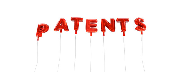 PATENTS - word made from red foil balloons - 3D rendered.  Can be used for an online banner ad or a print postcard.