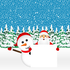 Santa Claus and snowman with white blank banner