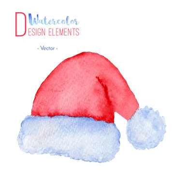 Hand painted watercolor Santa Claus red hat. Watercolour Christmas cap icon, symbol, decoration. Christmas season design element isolated on white background. Vector illustration.