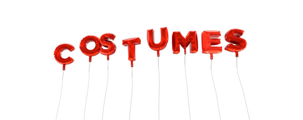 COSTUMES - word made from red foil balloons - 3D rendered.  Can be used for an online banner ad or a print postcard.