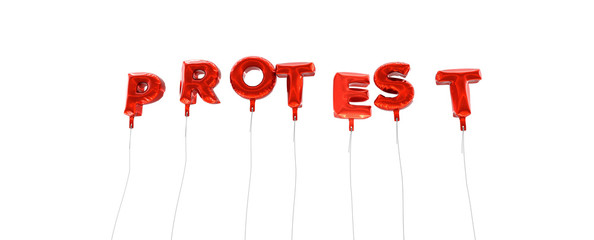 PROTEST - word made from red foil balloons - 3D rendered.  Can be used for an online banner ad or a print postcard.