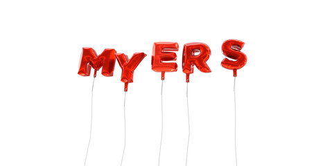 MYERS - word made from red foil balloons - 3D rendered.  Can be used for an online banner ad or a print postcard.
