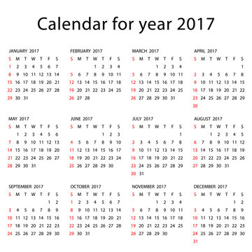 Simple 2017 Calendar - week starts with Sunday, isolated on white background, vector illustration.