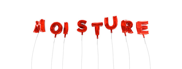 MOISTURE - word made from red foil balloons - 3D rendered.  Can be used for an online banner ad or a print postcard.