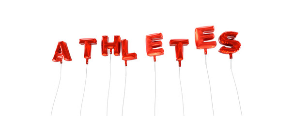 ATHLETES - word made from red foil balloons - 3D rendered.  Can be used for an online banner ad or a print postcard.