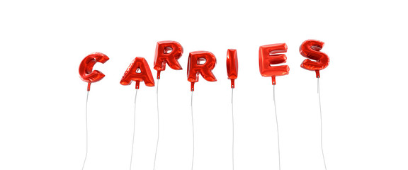 CARRIES - word made from red foil balloons - 3D rendered.  Can be used for an online banner ad or a print postcard.