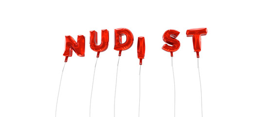 NUDIST - word made from red foil balloons - 3D rendered.  Can be used for an online banner ad or a print postcard.