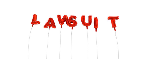 LAWSUIT - word made from red foil balloons - 3D rendered.  Can be used for an online banner ad or a print postcard.