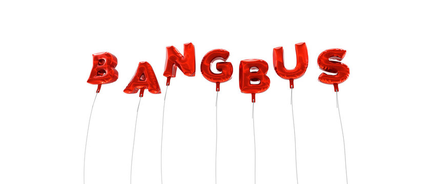 BANGBUS - word made from red foil balloons - 3D rendered.  Can be used for an online banner ad or a print postcard.