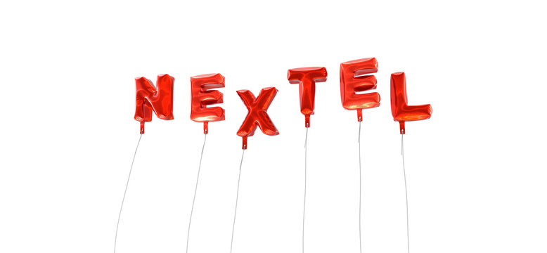 NEXTEL - word made from red foil balloons - 3D rendered.  Can be used for an online banner ad or a print postcard.
