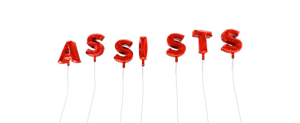 ASSISTS - word made from red foil balloons - 3D rendered.  Can be used for an online banner ad or a print postcard.