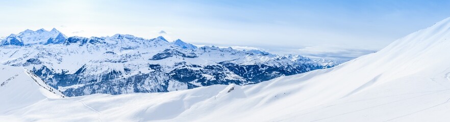 Fototapeta na wymiar Panorama of Snow Mountain. Winter high mountains panorama