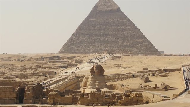 Pan Up -  Great Pyramids & Sphinx Daytime at Giza - Egypt