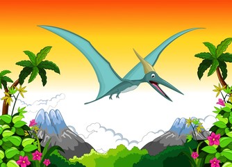 Naklejka premium funny pterodactyl cartoon in the jungle