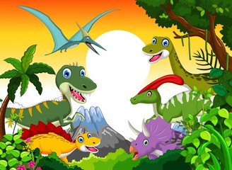 Fototapeta na wymiar Dinosaur cartoon with landscape background for your design