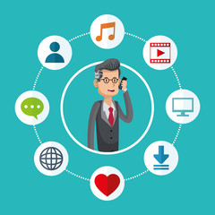 Man cartoon talking with smartphone and icon set. Mobile people theme. Colorful design. Vector illustration