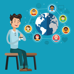 Boy cartoon with smartphone planet and icon set. Mobile people theme. Colorful design. Vector illustration