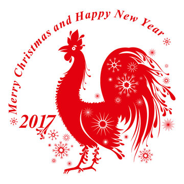 Red Rooster decorated with snowflakes. Red cock vector template for New Year's design. Silhouette of rooster, symbol of 2017.
