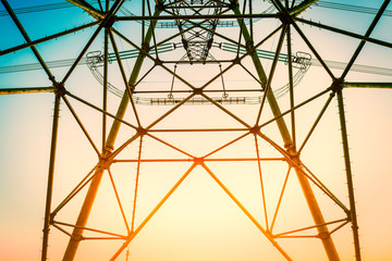High voltage power tower beautiful scenery at dusk