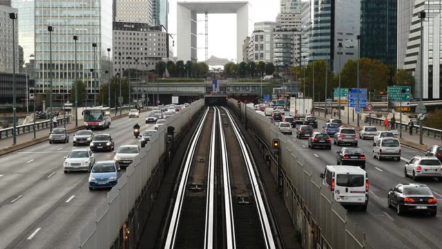 Time Lapse Zoom of Rail & Street Traffic at La Defense  - Paris France