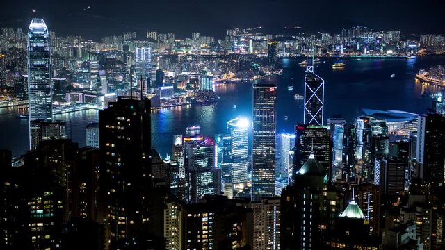 Time Lapse  of Busy Hong Kong Harbor at Night