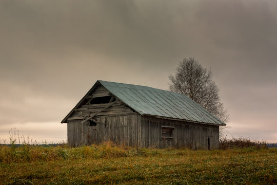 Abandoned Barn House On The Autumn Fields