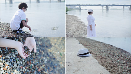 Collage - mother and son are resting on the shore, the boy in the hands of pebbles, a woman's hat...