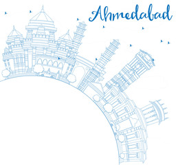 Outline Ahmedabad Skyline with Blue Buildings and Copy Space.