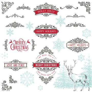 Hand drawn winter ornate swirl set with Merry Christmas and Happy Holidays typography design, deer, and fir-trees.
