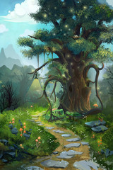 The Tree in the Morning. Video Game's Digital CG Artwork, Concept Illustration, Realistic Cartoon Style Background
