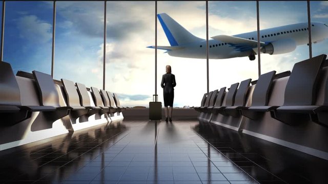 Businesswoman in flight waiting hall. Departure airplane in blue sky. moving camera.