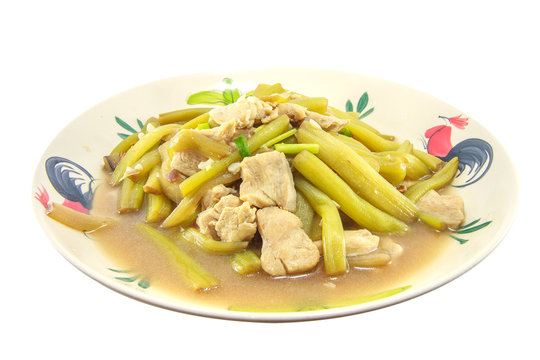 Thai Coconut Curry of Steamed Mackerels and Lotus Stems.(gaaeng gathi saai buaa bplaa thuu neung ;