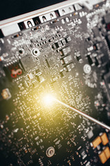 Screwdriver and Electronic board repairs on black background,Repair tool and Electronic board repairs on black background,Repair concept